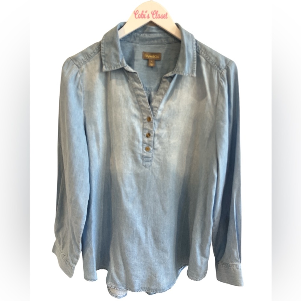 Style & Co Womens Blue Chambray Top, NWT, Size-PL, Color-Blue